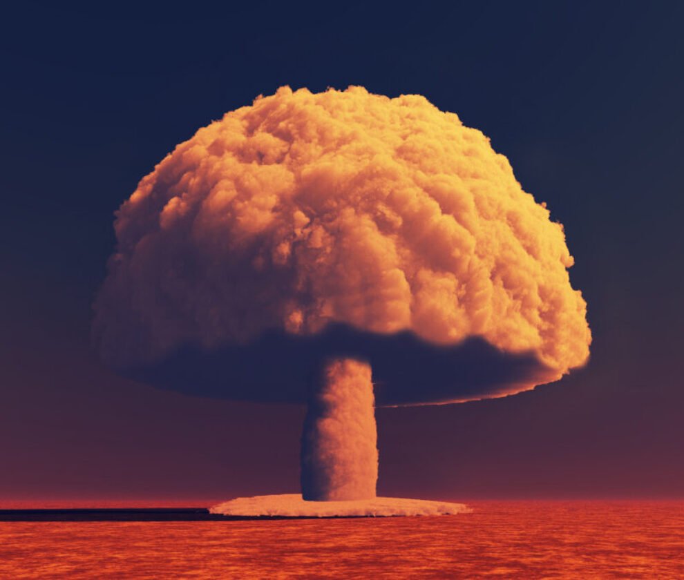 Nuclear bomb explosion . Mushroom cloud smoke . This is a 3d Illustration .